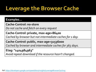 Examples… 
Cache-Control: no-store 
Do not cache and fetch on every request 
Cache-Control: private, max-age=86400 
Cached by browser but not intermediate caches for 1 day. 
Cache-Control: public, max-age=31536000 
Cached by browser and intermediate caches for 365 days. 
Etag: "1404984963" 
Avoid repeat download if the resource hasn’t changed. 
Ref: https://developers.google.com/speed/docs/insights/LeverageBrowserCaching 
 