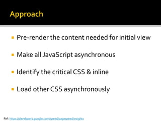  Pre-render the content needed for initial view 
 Make all JavaScript asynchronous 
 Identify the critical CSS & inline 
 Load other CSS asynchronously 
Ref: https://developers.google.com/speed/pagespeed/insights 
 