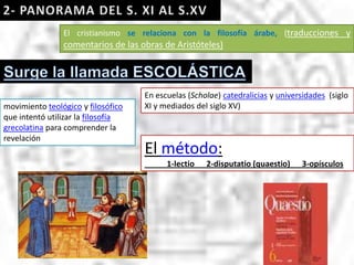 El cristianismo se relaciona con la filosofía árabe, (traducciones y
                comentarios de las obras de Aristóteles)




                                    En escuelas (Scholae) catedralicias y universidades (siglo
movimiento teológico y filosófico   XI y mediados del siglo XV)
que intentó utilizar la filosofía
grecolatina para comprender la
revelación
                                    El método:
                                          1-lectio   2-disputatio (quaestio)    3-opísculos
 