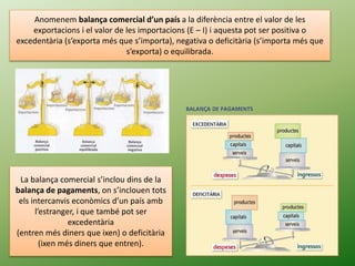 Anomenem balança comercial d’un país a la diferència entre el valor de les
exportacions i el valor de les importacions (E – I) i aquesta pot ser positiva o
excedentària (s’exporta més que s’importa), negativa o deficitària (s’importa més que
s’exporta) o equilibrada.
La balança comercial s’inclou dins de la
balança de pagaments, on s’inclouen tots
els intercanvis econòmics d’un país amb
l’estranger, i que també pot ser
excedentària
(entren més diners que ixen) o deficitària
(ixen més diners que entren).
 