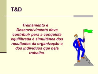 T&D
Treinamento e
Desenvolvimento deve
contribuir para a conquista
equilibrada e simultânea dos
resultados da organização e
dos indivíduos que nela
trabalha.
 