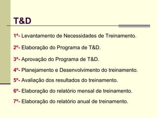 T&D
1º- Levantamento de Necessidades de Treinamento.
2º- Elaboração do Programa de T&D.
3º- Aprovação do Programa de T&D.
4º- Planejamento e Desenvolvimento do treinamento.
5º- Avaliação dos resultados do treinamento.
6º- Elaboração do relatório mensal de treinamento.
7º- Elaboração do relatório anual de treinamento.
 