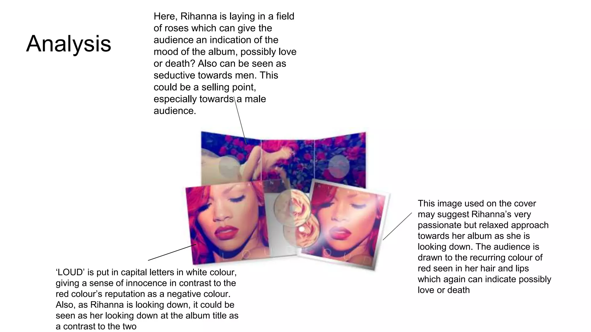 Analysis
Here, Rihanna is laying in a field
of roses which can give the
audience an indication of the
mood of the album, possibly love
or death? Also can be seen as
seductive towards men. This
could be a selling point,
especially towards a male
audience.
This image used on the cover
may suggest Rihanna’s very
passionate but relaxed approach
towards her album as she is
looking down. The audience is
drawn to the recurring colour of
red seen in her hair and lips
which again can indicate possibly
love or death
‘LOUD’ is put in capital letters in white colour,
giving a sense of innocence in contrast to the
red colour’s reputation as a negative colour.
Also, as Rihanna is looking down, it could be
seen as her looking down at the album title as
a contrast to the two
 