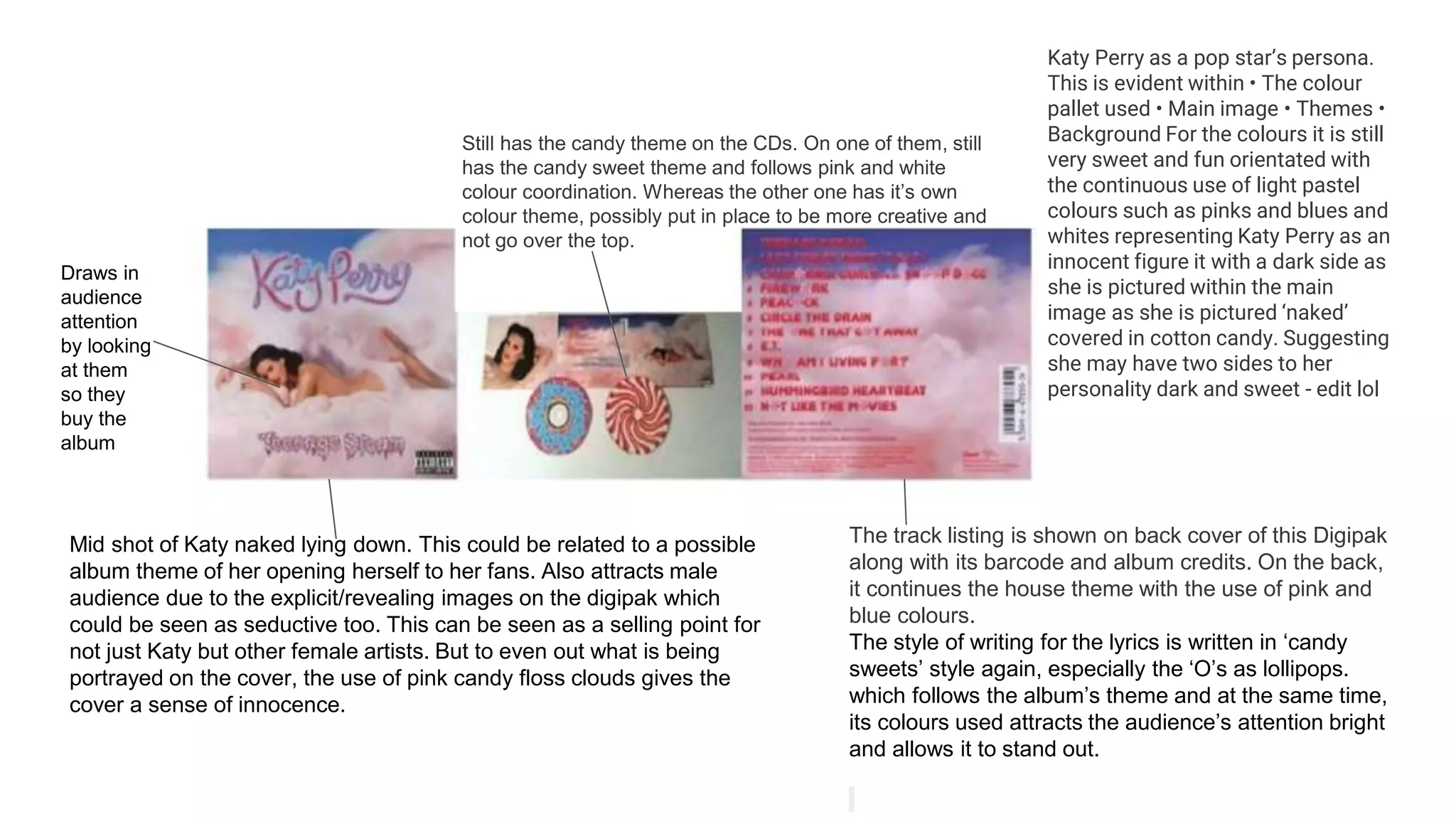 Mid shot of Katy naked lying down. This could be related to a possible
album theme of her opening herself to her fans. Also attracts male
audience due to the explicit/revealing images on the digipak which
could be seen as seductive too. This can be seen as a selling point for
not just Katy but other female artists. But to even out what is being
portrayed on the cover, the use of pink candy floss clouds gives the
cover a sense of innocence.
The track listing is shown on back cover of this Digipak
along with its barcode and album credits. On the back,
it continues the house theme with the use of pink and
blue colours.
The style of writing for the lyrics is written in ‘candy
sweets’ style again, especially the ‘O’s as lollipops.
which follows the album’s theme and at the same time,
its colours used attracts the audience’s attention bright
and allows it to stand out.
Still has the candy theme on the CDs. On one of them, still
has the candy sweet theme and follows pink and white
colour coordination. Whereas the other one has it’s own
colour theme, possibly put in place to be more creative and
not go over the top.
Katy Perry as a pop star’s persona.
This is evident within • The colour
pallet used • Main image • Themes •
Background For the colours it is still
very sweet and fun orientated with
the continuous use of light pastel
colours such as pinks and blues and
whites representing Katy Perry as an
innocent figure it with a dark side as
she is pictured within the main
image as she is pictured ‘naked’
covered in cotton candy. Suggesting
she may have two sides to her
personality dark and sweet - edit lol
Draws in
audience
attention
by looking
at them
so they
buy the
album
 
