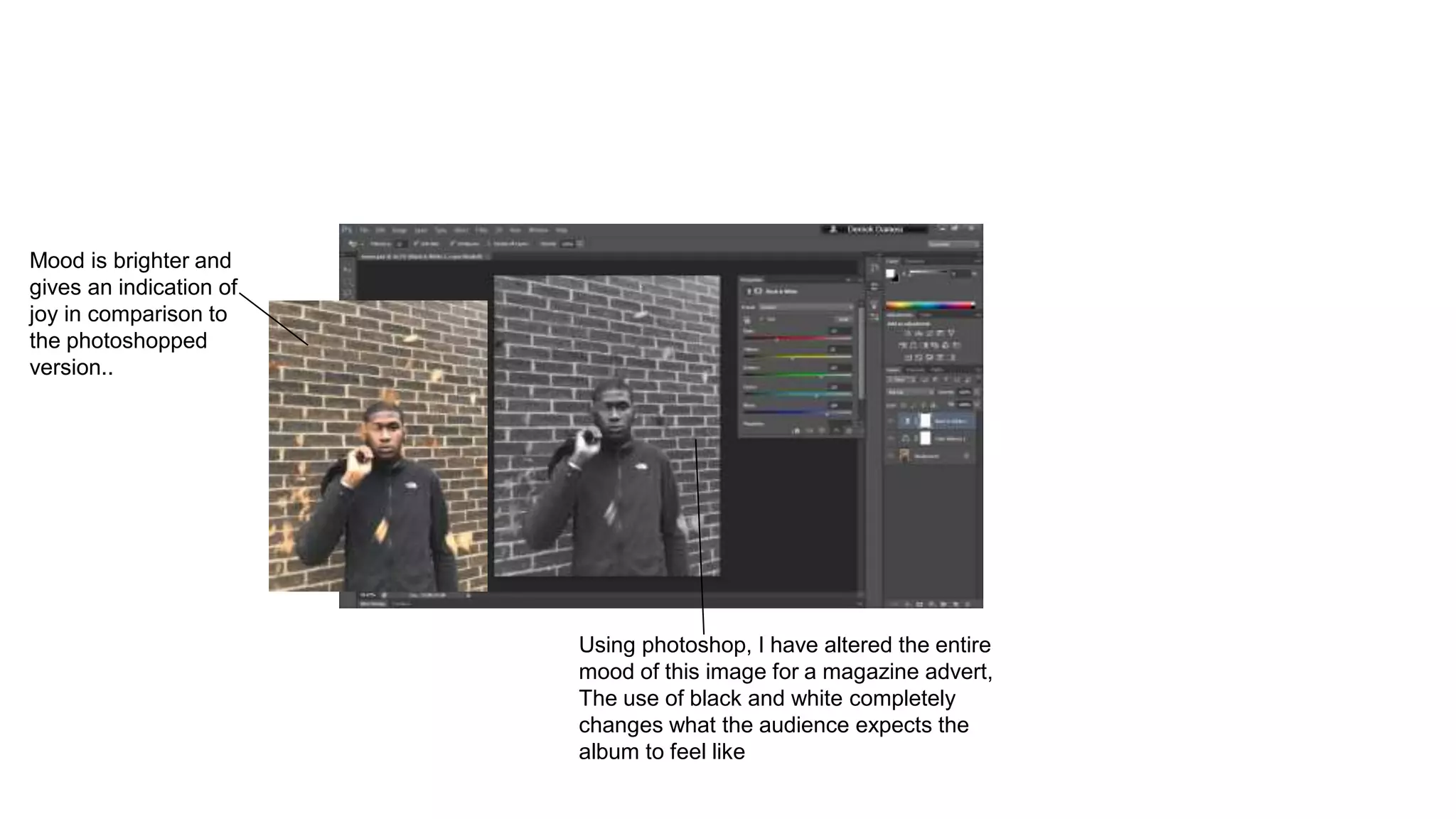 Using photoshop, I have altered the entire
mood of this image for a magazine advert,
The use of black and white completely
changes what the audience expects the
album to feel like
Mood is brighter and
gives an indication of
joy in comparison to
the photoshopped
version..
 