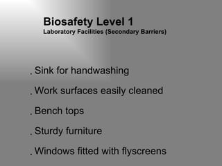Biosafety Level 1  Laboratory Facilities (Secondary Barriers) Sink for handwashing Work surfaces easily cleaned Bench tops Sturdy furniture Windows fitted with flyscreens 
