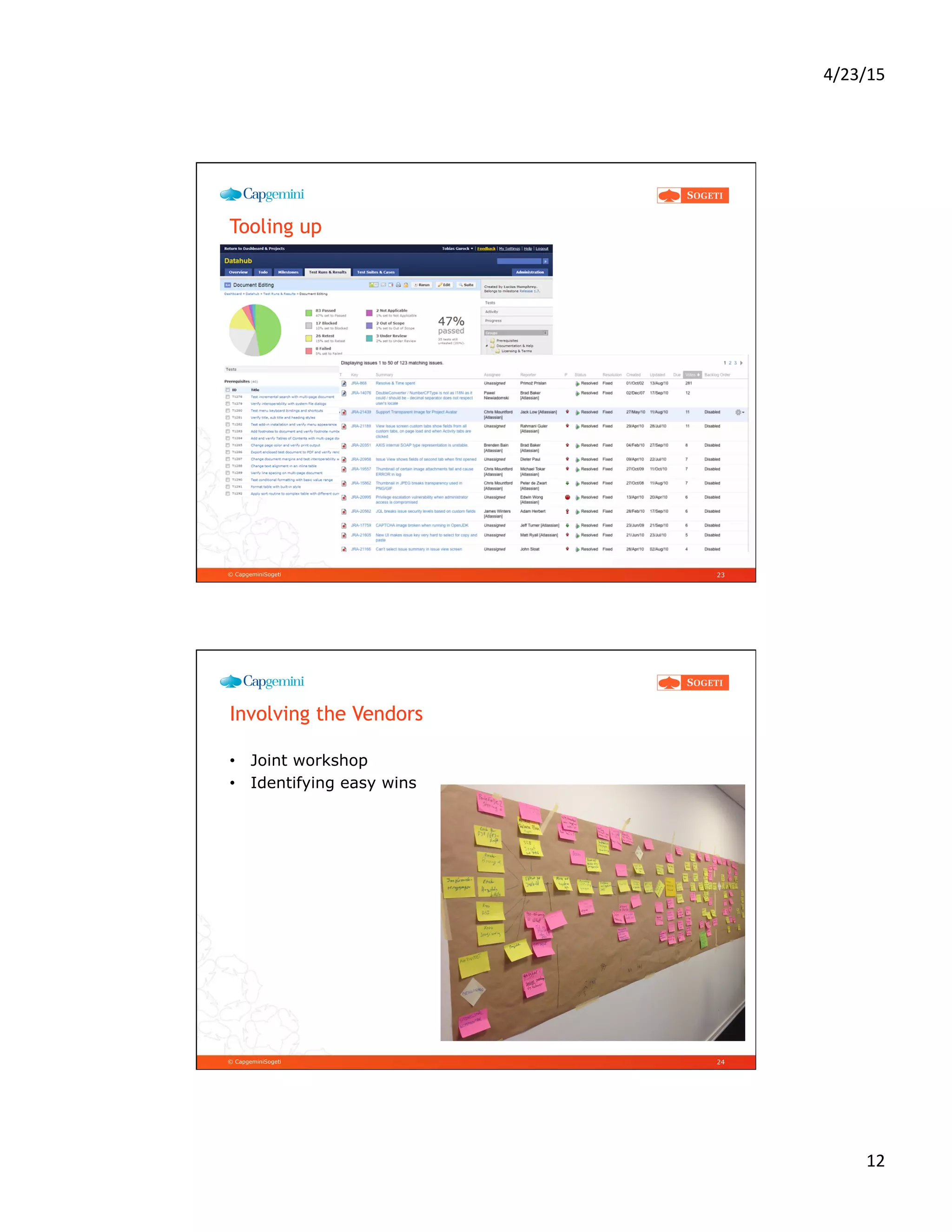 4/23/15	
  
12	
  
© CapgeminiSogeti
Tooling up
23
© CapgeminiSogeti
Involving the Vendors
•  Joint workshop
•  Identifying easy wins
24
 