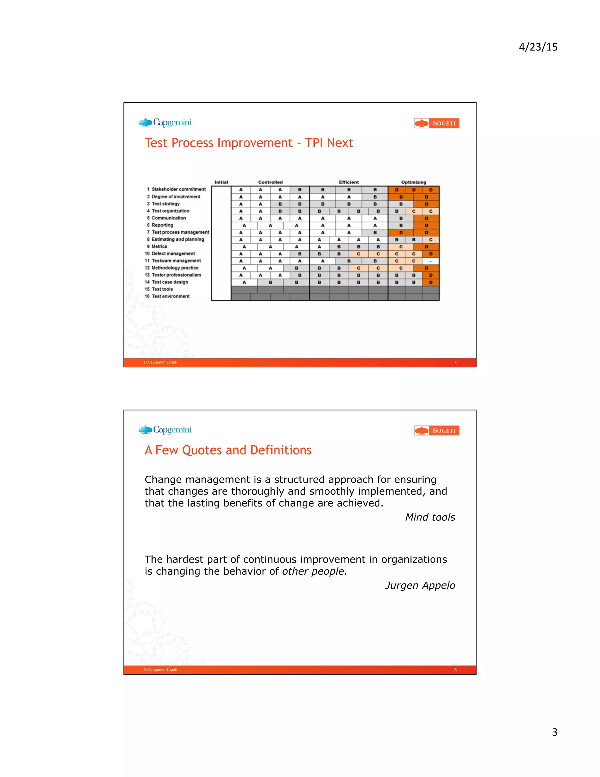 4/23/15	
  
3	
  
© CapgeminiSogeti
Test Process Improvement - TPI Next
5
© CapgeminiSogeti
A Few Quotes and Definitions
Change management is a structured approach for ensuring
that changes are thoroughly and smoothly implemented, and
that the lasting benefits of change are achieved.
Mind tools
The hardest part of continuous improvement in organizations
is changing the behavior of other people.
Jurgen Appelo
6
 