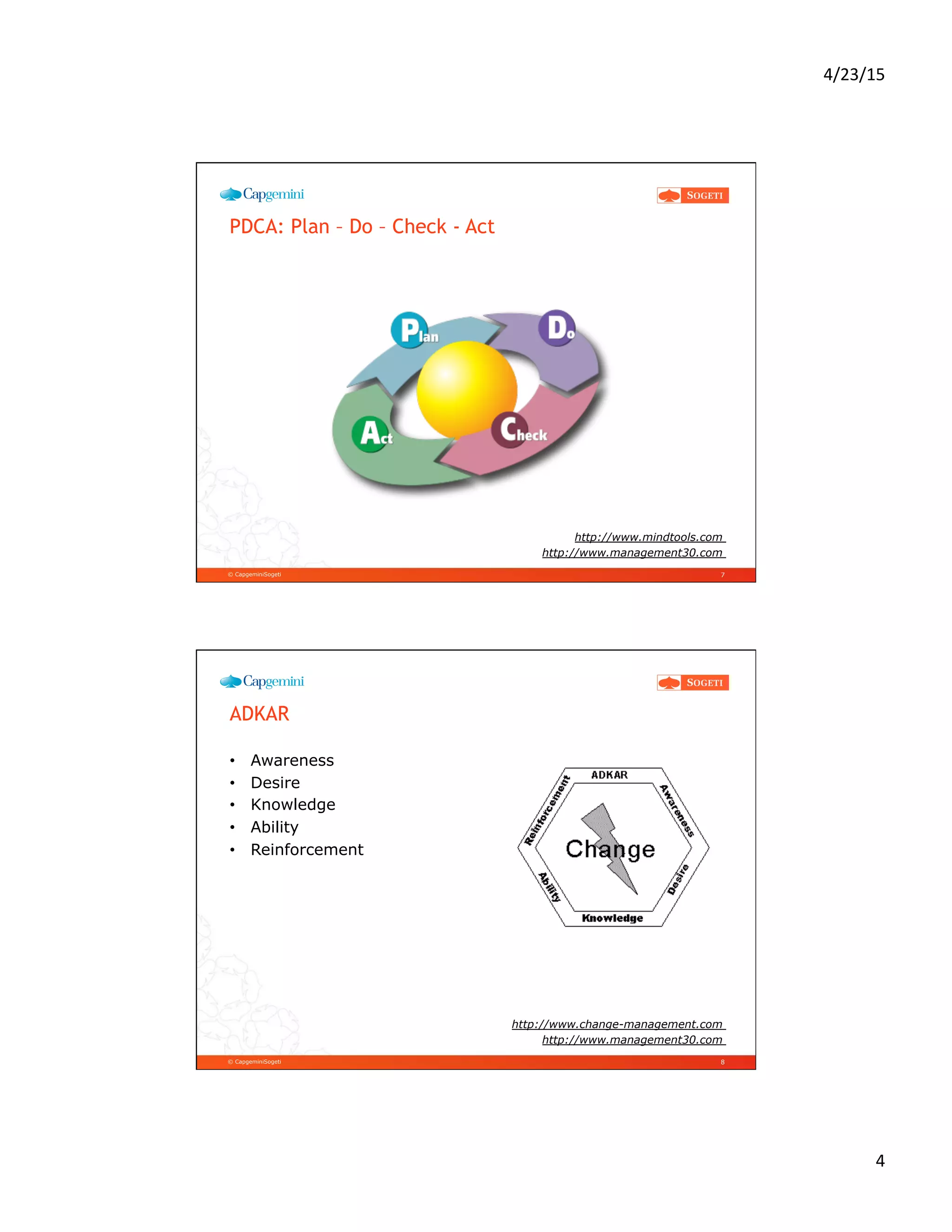 4/23/15	
  
4	
  
© CapgeminiSogeti
PDCA: Plan – Do – Check - Act
http://www.mindtools.com
http://www.management30.com
7
© CapgeminiSogeti
ADKAR
•  Awareness
•  Desire
•  Knowledge
•  Ability
•  Reinforcement
http://www.change-management.com
http://www.management30.com
8
 