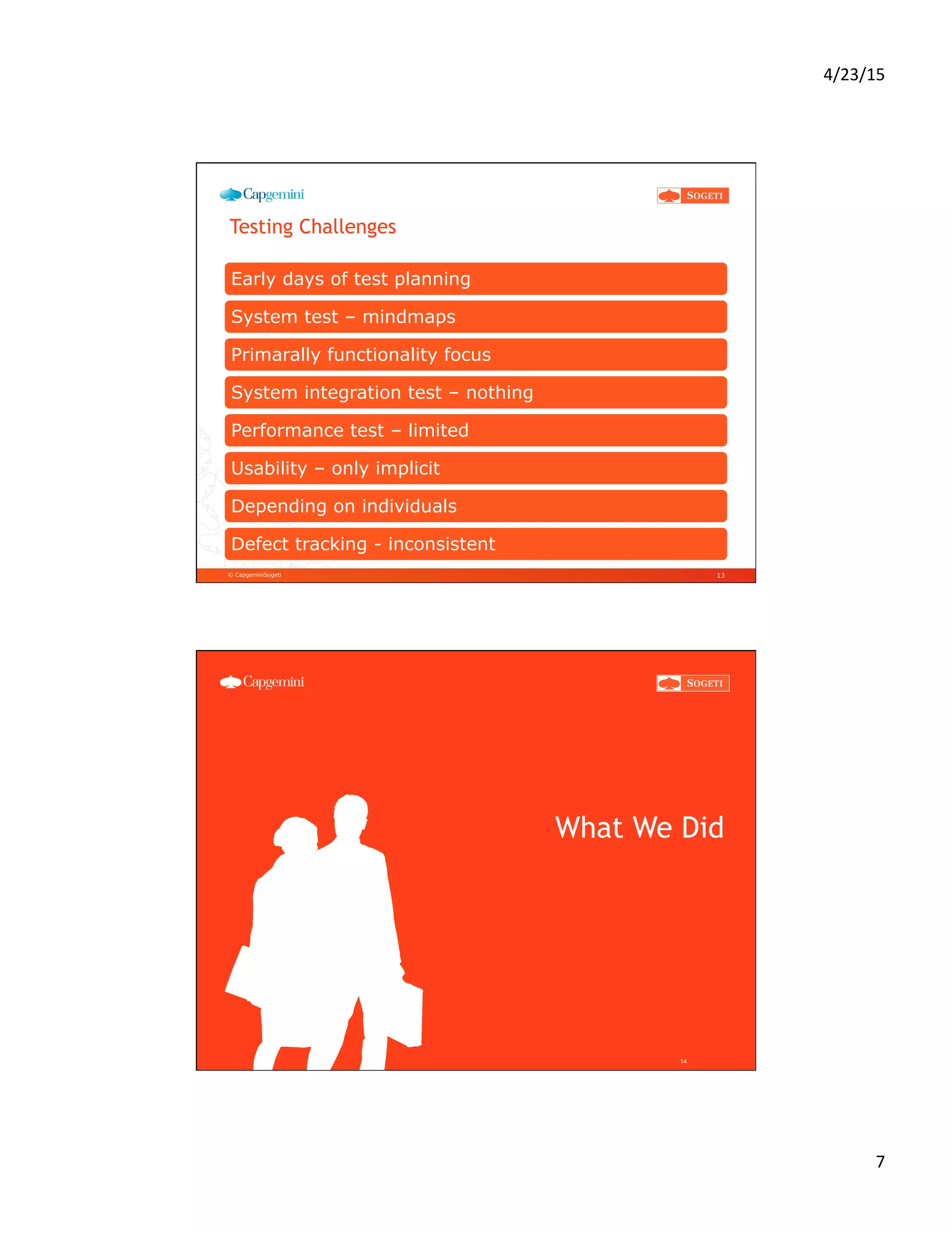 4/23/15	
  
7	
  
© CapgeminiSogeti
Testing Challenges
Early days of test planning
System test – mindmaps
Primarally functionality focus
System integration test – nothing
Performance test – limited
Usability – only implicit
Depending on individuals
Defect tracking - inconsistent
13
What We Did
14
 