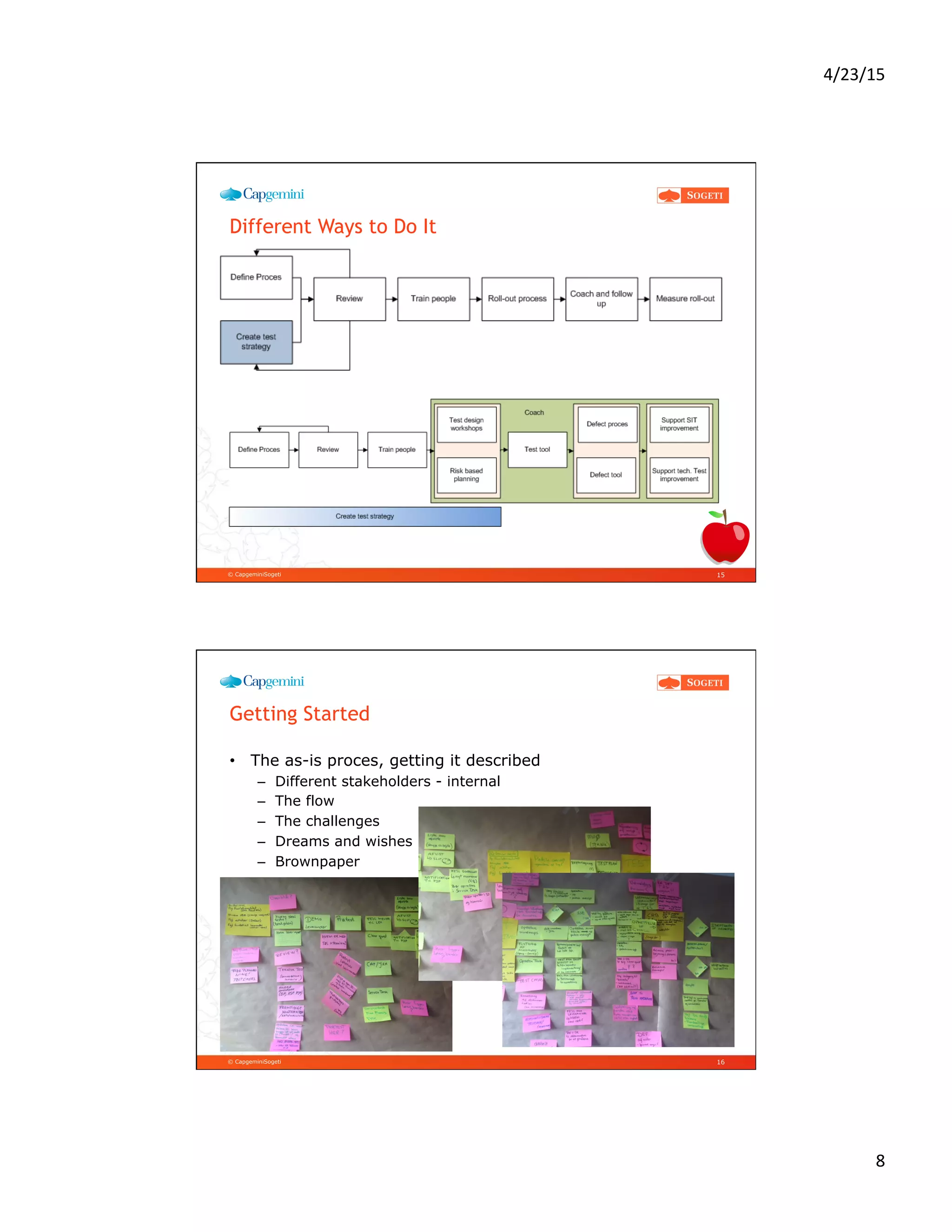 4/23/15	
  
8	
  
© CapgeminiSogeti
Different Ways to Do It
15
© CapgeminiSogeti
Getting Started
•  The as-is proces, getting it described
–  Different stakeholders - internal
–  The flow
–  The challenges
–  Dreams and wishes
–  Brownpaper
16
 