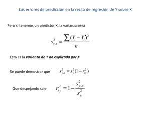 Los errores de predicción en la recta de regresión de Y sobre X
Pero si tenemos un predictor X, la varianza será
2
2
.
( )i i
y x
Y Y
s
n
′−
=
∑
Esta es la varianza de Y no explicada por X
Se puede demostrar que
2 2 2
. (1 )y x y xys s r= −
Que despejando sale
2
.2
2
1 y x
xy
y
s
r
s
= −
 