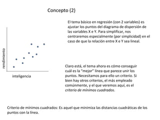 Concepto (2)
rendimiento
inteligencia
El tema básico en regresión (con 2 variables) es
ajustar los puntos del diagrama de dispersión de
las variables X e Y. Para simplificar, nos
centraremos especialmente (por simplicidad) en el
caso de que la relación entre X e Y sea lineal.
Claro está, el tema ahora es cómo conseguir
cuál es la “mejor” línea que parece unir los
puntos. Necesitamos para ello un criterio. Si
bien hay otros criterios, el más empleado
comúnmente, y el que veremos aquí, es el
criterio de mínimos cuadrados.
Criterio de mínimos cuadrados: Es aquel que minimiza las distancias cuadráticas de los
puntos con la línea.
 