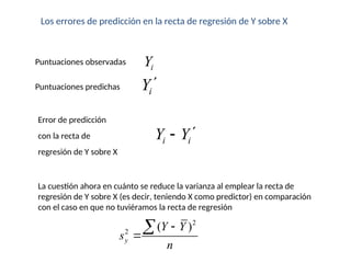 Los errores de predicción en la recta de regresión de Y sobre X
i
Y
Puntuaciones observadas
Puntuaciones predichas
i
Y
Error de predicción
con la recta de
regresión de Y sobre X
2
2
( )
y
Y Y
s
n



La cuestión ahora en cuánto se reduce la varianza al emplear la recta de
regresión de Y sobre X (es decir, teniendo X como predictor) en comparación
con el caso en que no tuviéramos la recta de regresión
i i
Y Y

 