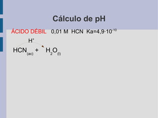 Cálculo de pH ÁCIDO DÉBIL  0,01 M  HCN  Ka=4,9·10 -10 H + HCN (ac)  +  H 2 O (l)   