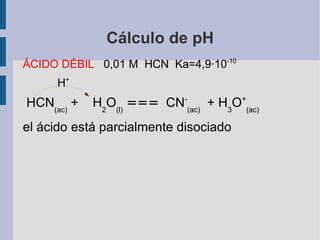 Cálculo de pH ÁCIDO DÉBIL  0,01 M  HCN  Ka=4,9·10 -10 H + HCN (ac)  +  H 2 O (l)   ===   CN - (ac)   + H 3 O + (ac)   el ácido está parcialmente disociado 