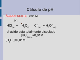 Cálculo de pH ÁCIDO FUERTE  0,01 M H + HCl (ac)  +  H 2 O (l)      Cl - (ac)   + H 3 O + (ac)   el ácido está totalmente disociado  [ HCl (ac) ] o =0,01M  [ H 3 O + ]=0,01M  