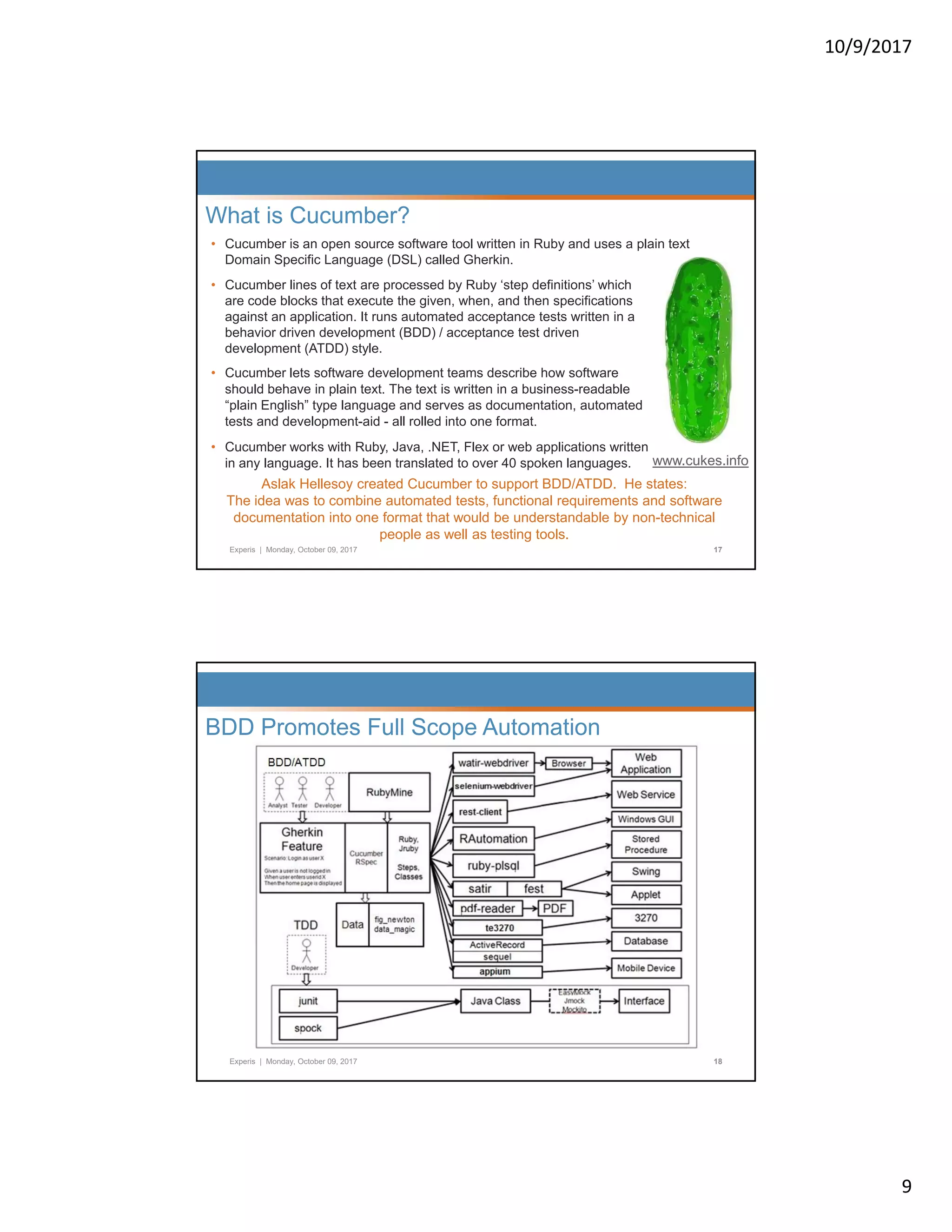 10/9/2017 9 • Cucumber is an open source software tool written in Ruby and uses a plain text Domain Specific Language (DSL) called Gherkin. • Cucumber lines of text are processed by Ruby ‘step definitions’ which What is Cucumber? p y y p are code blocks that execute the given, when, and then specifications against an application. It runs automated acceptance tests written in a behavior driven development (BDD) / acceptance test driven development (ATDD) style. • Cucumber lets software development teams describe how software should behave in plain text. The text is written in a business-readable “plain English” type language and serves as documentation, automated tests and development-aid - all rolled into one format. Experis | Monday, October 09, 2017 17 • Cucumber works with Ruby, Java, .NET, Flex or web applications written in any language. It has been translated to over 40 spoken languages. www.cukes.info Aslak Hellesoy created Cucumber to support BDD/ATDD. He states: The idea was to combine automated tests, functional requirements and software documentation into one format that would be understandable by non-technical people as well as testing tools. BDD Promotes Full Scope Automation Experis | Monday, October 09, 2017 18 