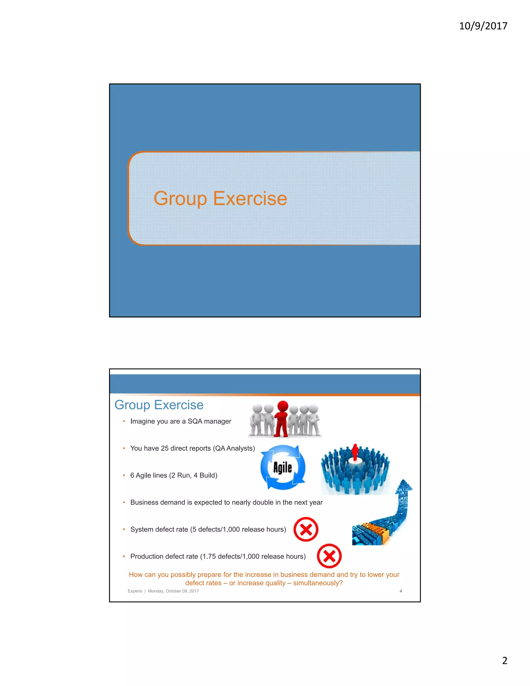 10/9/2017 2 Group Exercise • Imagine you are a SQA manager Y h 25 di t t (QA A l t ) Group Exercise • You have 25 direct reports (QA Analysts) • 6 Agile lines (2 Run, 4 Build) • Business demand is expected to nearly double in the next year Experis | Monday, October 09, 2017 4 • System defect rate (5 defects/1,000 release hours) • Production defect rate (1.75 defects/1,000 release hours) How can you possibly prepare for the increase in business demand and try to lower your defect rates – or increase quality – simultaneously? 