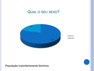QUAL O SEU SEXO?
79%
21%
Feminino
Masculino
População maioritariamente feminina.
 