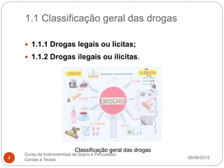 1.1 Classificação geral das drogas
09/06/2015
Curso de Instrumentista de Sopro e Percussão/
Cordas e Teclas4
 1.1.1 Drogas legais ou lícitas;
 1.1.2 Drogas ilegais ou ilícitas.
Classificação geral das drogas
 