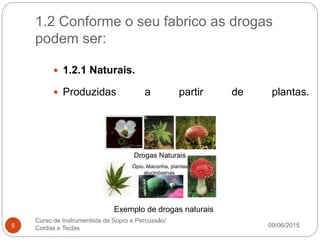 1.2 Conforme o seu fabrico as drogas
podem ser:
09/06/2015
Curso de Instrumentista de Sopro e Percussão/
Cordas e Teclas5
 1.2.1 Naturais.
 Produzidas a partir de plantas.
Exemplo de drogas naturais
 