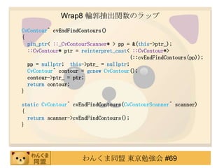 Wrap8 ݆vΥå
CvContour^ cvEndFindContours()
{
  pin_ptr< ::_CvContourScanner* > pp = &(this->ptr_);
  ::CvContour* ptr = reinterpret_cast< ::CvContour*>
                                      (::cvEndFindContours(pp));
  pp = nullptr; this->ptr_ = nullptr;
  CvContour^ contour = gcnew CvContour();
  contour->ptr_ = ptr;
  return contour;
}

static CvContour^ cvEndFindContours(CvContourScanner^ scanner)
{
  return scanner->cvEndFindContours();
}




                     󤯤ͬ |㏊ #69
 