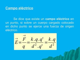 Campo eléctrico   Se dice que existe un  campo eléctrico  en un punto, si sobre un cuerpo cargado colocado en dicho punto se ejerce una fuerza de origen eléctrico. 