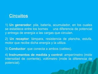 Circuitos 1)  Un generador : pila, batería, acumulador, en los cuales se establece entre los bornes  una diferencia de potencial y entrega de energía a las cargas que circulan. 2)  Un receptor : lámpara, resistencia de plancha, estufa, motor que recibe dicha energía y la utiliza. 3)  Conductor : que conecta a ambos (cables). 4)  Instrumentos de medida y control : amperímetro (mide intensidad de corriente), voltímetro (mide la diferencia de potencial).   