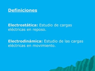 Definiciones Electrostática:  Estudio de cargas eléctricas en reposo. Electrodinámica:  Estudio de las cargas eléctricas en movimiento. 
