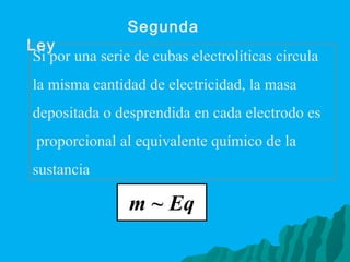 Segunda Ley  Si por una serie de cubas electrolíticas circula  la misma cantidad de electricidad, la masa  depositada o desprendida en cada electrodo es proporcional al equivalente químico de la  sustancia 