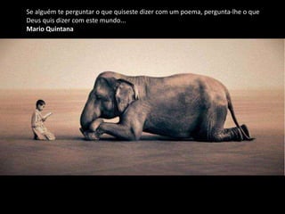 Se alguém te perguntar o que quiseste dizer com um poema, pergunta-lhe o que
Deus quis dizer com este mundo...
Mario Quintana
 