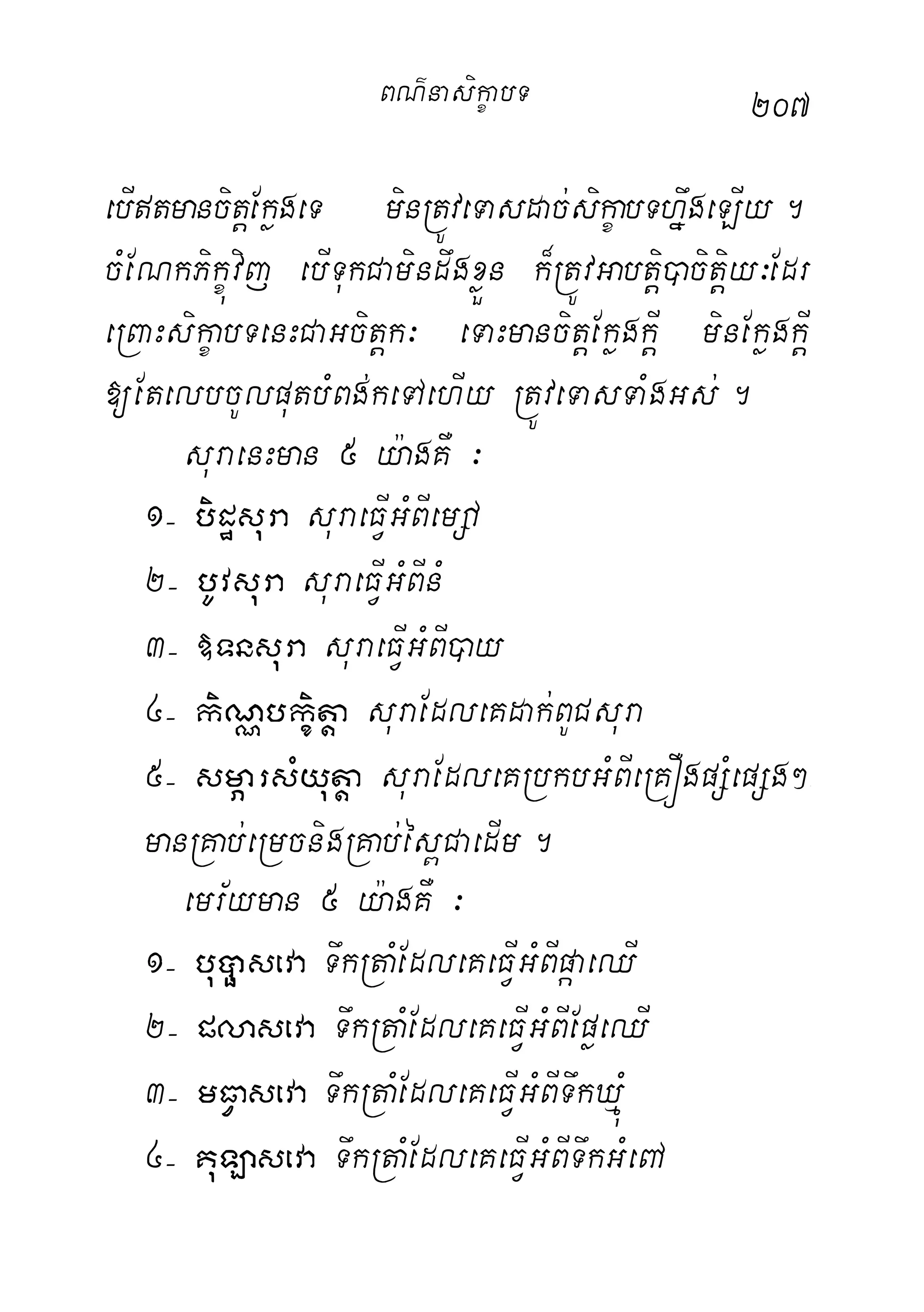 207
ebItmancitþEkøgeT minRtÚveTasdac;sikçabThñwgeLIy.
cMENkPikçúvij ebITukCamindwgxøÜn k¾RtÚvGabtþi)acitþiy³Edr
eRBaHsikçabTenHCaGcitþk³ eTaHmancitþEkøgkþI minEkøgkþI
[EtelbcUlputbMBg;keTAehIy RtÚveTasTaMgGs;.
suraenHman 5 y:agKW ³
1( bidæsura suraeFVIGMBIemDA
2( bUvsura suraeFVIGMBInM
3( »Tnsura suraeFVIGMBI)ay
4( kiNÑbkçitþa suraEdleKdak;BUCsura
5( smÖarsMyutþa suraEdleKRbkbGMBIeRKÓgpSMepSg²-
manRKab;eRmcnigRKab;és<CaedIm.
emr½yman 5 y:agKW ³
1( bu)öaseva TwkRtaMEdleKeFVIGMBIpáaeQI
2( plaseva TwkRtaMEdleKeFVIGMBIEpøeQI
3( mFVaseva TwkRtaMEdleKeFVIGMBITwkXµúM
4( KuLaseva TwkRtaMEdleKeFVIGMBITwkGMeBA
BN’nasi!çabT
 