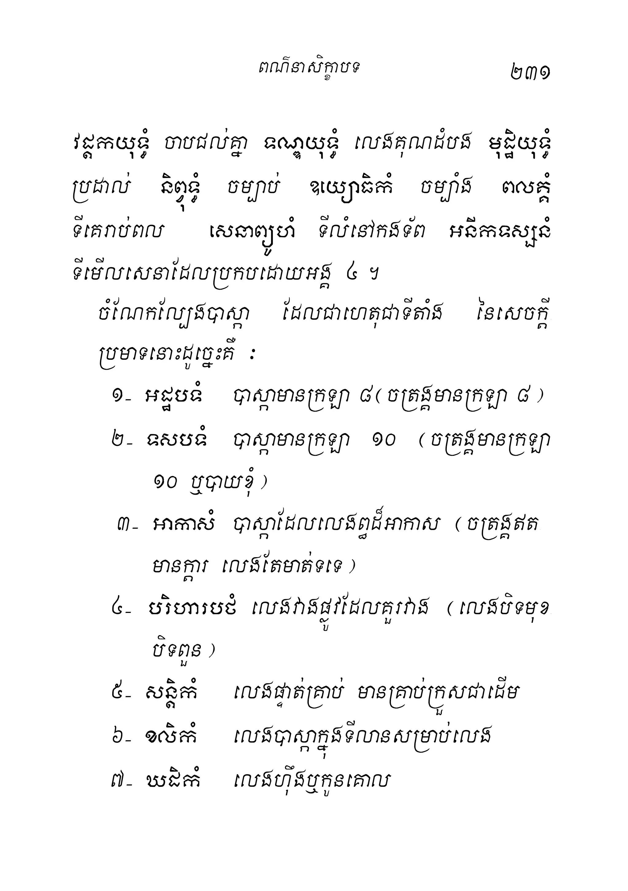 231
vdþkyuT§M cabCl;Kña TNÐyuT§M elgKuNdMbg mudæiyuT§M
Rbdal; niBVúT§M cm,ab; ]eyüaFikM cm,aMg BlKÁM
TIeKrab;Bl esnaBüÚhM TIlMenAkgT½B GnIkTsSnM
TIemIlesnaEdlRbkbedayGgÁ 4.
cMENkEl,g)asáa EdlCaehtuCaTItaMg énesckþI-
RbmaTenaHdUecñHKW ³
1( GdæbTM )asáamanRkLa 8¬cRtgÁmanRkLa 8¦
2( TsbTM )asáamanRkLa 10 ¬cRtgÁmanRkLa
10 b¤)ayxuM¦
3( GakasM )asáaEdlelgB§d¾Gakas ¬cRtgÁt-
mankþar elgEtmat;TeT¦
4( briharbfM elgvagpøÚvEdlKYrvag ¬elgbiTmux-
biTBYn¦
5( snþikM elgpÞat;RKab; manRKab;RkÜsCaedIm
6( xlikM elg)asáakñúgTIlansRmab;elg
7( XdikM elghuwgb¤kUneKal
BN’nasi!çabT
 