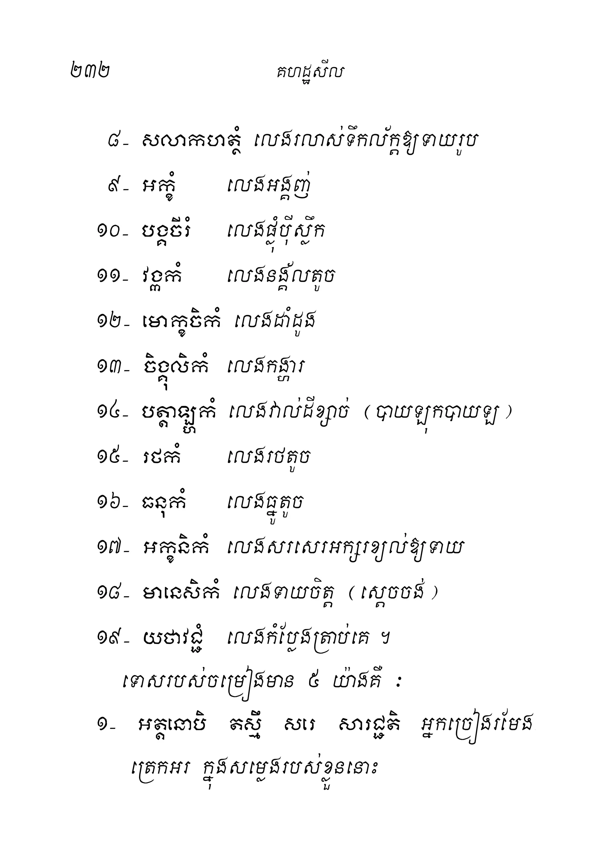 232 KhdæsIl
8( slakhtßM elgrlas;Twkl½kþ[TayrUb
9( GkçM elgGgÁj;
10( bgÁcIrM elgpøúMbuIsøwk
11( vgákM elgngÁ½ltUc
12( emakçcikM elgdaMdUg
13( cigÁúlikM elgkgðar
14( btþaL`kM elgval;dIxSac; ¬)ayLúk)ayL¦
15( rfkM elgrftUc
16( FnukM elgFñÚtUc
17( GkçnikM elgsresrGkSrxül;[Tay
18( maensikM elgTaycitþ ¬esþccg;¦
19( yfavC¢M elgkMEbøgRtab;eK.
eTasrbs;ceRmógman 5 y:agKW ³
1( Gtþenabi tsµw ser sarC¢ti GñkeRcógrEmg-
eRtkGr kñúgsemøgrbs;xøÜnenaH
 