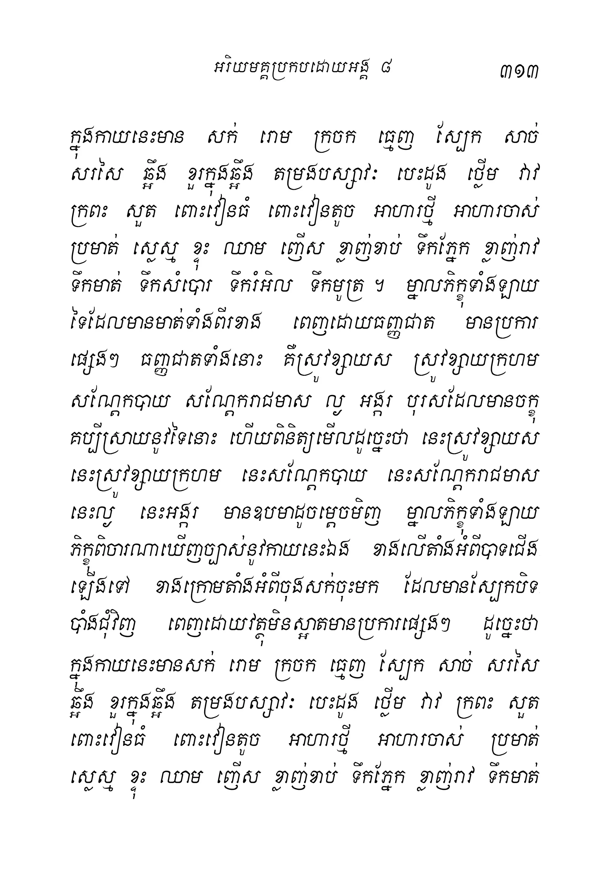 313
kñúgkayenHman sk; eram Rkck eFµj Es,k sac;
srés q¥wg xYrkñúgq¥wg tRmgbsSav³ ebHdUg eføIm vav
RkBH sYt eBaHevonFM eBaHevontUc GaharfµI Gaharcas;
Rbmat; esøsµ xÞúH Qam ejIs xøaj;xab; TwkEPñk xøaj;rav
Twkmat; TwksMe)ar TwkrMGil TwkmURt. mñalPikçúTaMgLay
éTEdlmanmat;TaMgBIrxag eBjedayFBaØCat manRbkar-
epSg² FBaØCatTaMgenaH KWRsÚvxSays RsÚvxSayRkhm
sENþk)ay sENþkraCmas l¶ Ggár bursEdlmanckçú
Kb,IRsaynUvéTenaH ehIyBinitüemIldUecñHfa enHRsÚvxSays
enHRsÚvxSayRkhm enHsENþk)ay enHsENþkraCmas
enHl¶ enHGgár man]bmadUcemþcmij mñalPikçúúTaMgLay
PikçúBicarNaeXIjc,as;nUvkayenHÉg xagelItaMgGMBI)aTeCIg-
eLIgeTA xageRkamtaMgGMBIcugsk;cuHmk EdlmanEs,kbiT-
)aMgCuMvij eBjedayvtßúmins¥atmanRbkarepSg² dUecñHfa
kñúgkayenHmansk; eram Rkck eFµj Es,k sac; srés
q¥wg xYrkñúgq¥wg tRmgbsSav³ ebHdUg eføIm vav RkBH sYt
eBaHevonFM eBaHevontUc GaharfµI Gaharcas; Rbmat;
esøsµ xÞúH Qam ejIs xøaj;xab; TwkEPñk xøaj;rav Twkmat;
GriymKÁRbkbedayGgÁ 8
 