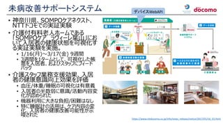 未病改善サポートシステム
• 神奈川県、SOMPOケアネクスト、
NTTドコモでの実証実験
• 介護付有料老人ホームである
「SOMPOケア ラヴィーレ葉山」にお
いて入居者の健康状態を可視化す
る実証実験を実施。
• 1/16(月)～3/17(金) 9週間
• 3週間を1タームとして、可視化した帳
票を入居者、およびスタッフにフィード
バック
• 介護スタッフ業務支援効果、入居
者の健康意識向上効果を評価
• 血圧/体重/睡眠の可視化は有意義
• 入居者の半数弱に意識/活動内容変
化が認められた
• 機器利用に大きな負担/困難はなし
• 特に睡眠計の活用は、ケア内容の変
化、入居者の健康改善可能性が示
唆された
デバイスWebAPI
https://www.nttdocomo.co.jp/info/news_release/notice/2017/01/16_01.html
 