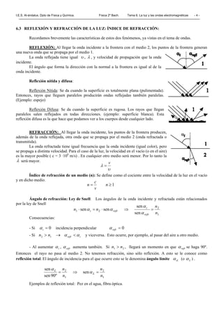 I.E.S. Al-ándalus. Dpto de Física y Química. Física 2º Bach. Tema 6. La luz y las ondas electromagnéticas - 4 -
6.3 REFLEXIÓN Y REFRACCIÓN DE LA LUZ: ÍNDICE DE REFRACCIÓN:
Recordamos brevemente las características de estos dos fenómenos, ya vistas en el tema de ondas.
REFLEXIÓN: Al llegar la onda incidente a la frontera con el medio 2, los puntos de la frontera generan
una nueva onda que se propaga por el medio 1.
La onda reflejada tiene igual υ , λ , y velocidad de propagación que la onda
incidente.
El ángulo que forma la dirección con la normal a la frontera es igual al de la
onda incidente.
Reflexión nítida y difusa:
Reflexión Nítida: Se da cuando la superficie es totalmente plana (pulimentada).
Entonces, rayos que lleguen paralelos producirán ondas reflejadas también paralelas.
(Ejemplo: espejo)
Reflexión Difusa: Se da cuando la superficie es rugosa. Los rayos que llegan
paralelos salen reflejados en todas direcciones. (ejemplo: superficie blanca). Esta
reflexión difusa es la que hace que podamos ver a los cuerpos desde cualquier lado.
REFRACCIÓN: Al llegar la onda incidente, los puntos de la frontera producen,
además de la onda reflejada, otra onda que se propaga por el medio 2 (onda refractada o
transmitida).
La onda refractada tiene igual frecuencia que la onda incidente (igual color), pero
se propaga a distinta velocidad. Para el caso de la luz, la velocidad en el vacío (o en el aire)
es la mayor posible ( c = 3 ·108
m/s) . En cualquier otro medio será menor. Por lo tanto la
λ será mayor.
Índice de refracción de un medio (n): Se define como el cociente entre la velocidad de la luz en el vacío
y en dicho medio.
Ángulo de refracción: Ley de Snell: Los ángulos de la onda incidente y refractada están relacionados
por la ley de Snell
Consecuencias:
- Si 0=iα incidencia perpendicular 0=refrα
- Si irefrnn αα <→> 12 y viceversa. Esto ocurre, por ejemplo, al pasar del aire a otro medio.
- Al aumentar iα , refrα aumenta también. Si 21 nn > , llegará un momento en que refrα se haga 90º.
Entonces el rayo no pasa al medio 2. No tenemos refracción, sino sólo reflexión. A esto se le conoce como
reflexión total. El ángulo de incidencia para el que ocurre esto se le denomina ángulo límite iLα (o Lα ) .
Ejemplos de reflexión total: Pez en el agua, fibra óptica.
υ
λ
v
=
1≥= n
v
c
n
1
2
21
sen
sen
sensen
n
n
nn
refr
i
refri =⇒⋅=⋅
α
α
αα
1
2
1
2
sen
º90sen
sen
n
n
n
n
L
L
=⇒= α
α
 