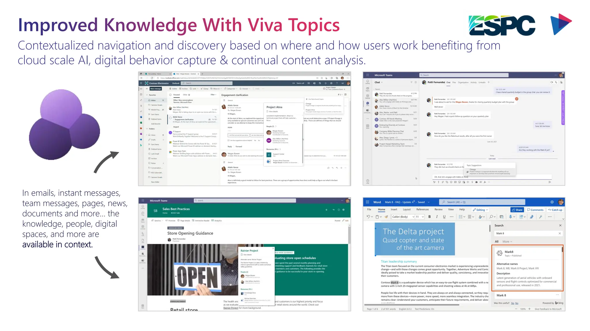 Contextualized navigation and discovery based on where and how users work benefiting from
cloud scale AI, digital behavior capture & continual content analysis.
Improved Knowledge With Viva Topics
In emails, instant messages,
team messages, pages, news,
documents and more… the
knowledge, people, digital
spaces, and more are
available in context.
 