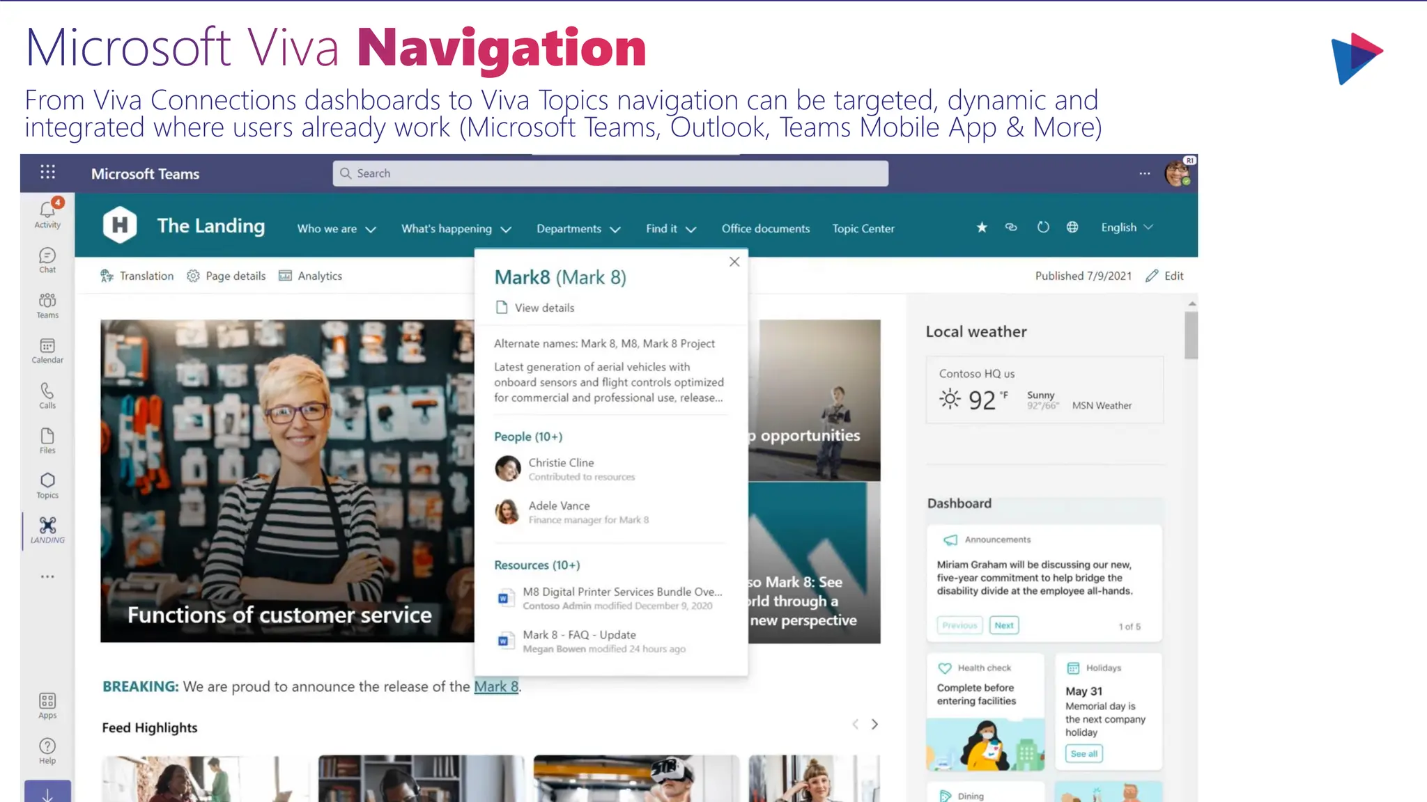 Microsoft Viva Navigation
From Viva Connections dashboards to Viva Topics navigation can be targeted, dynamic and
integrated where users already work (Microsoft Teams, Outlook, Teams Mobile App & More)
 