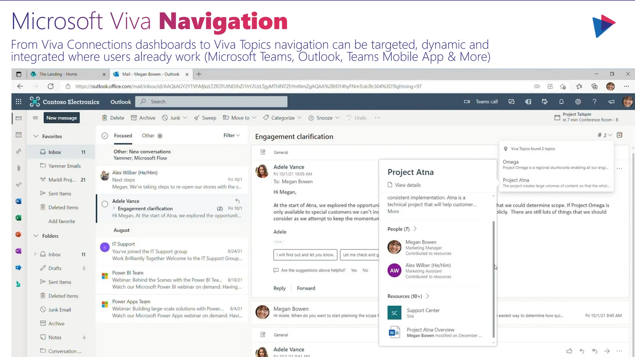 Microsoft Viva Navigation
From Viva Connections dashboards to Viva Topics navigation can be targeted, dynamic and
integrated where users already work (Microsoft Teams, Outlook, Teams Mobile App & More)
 