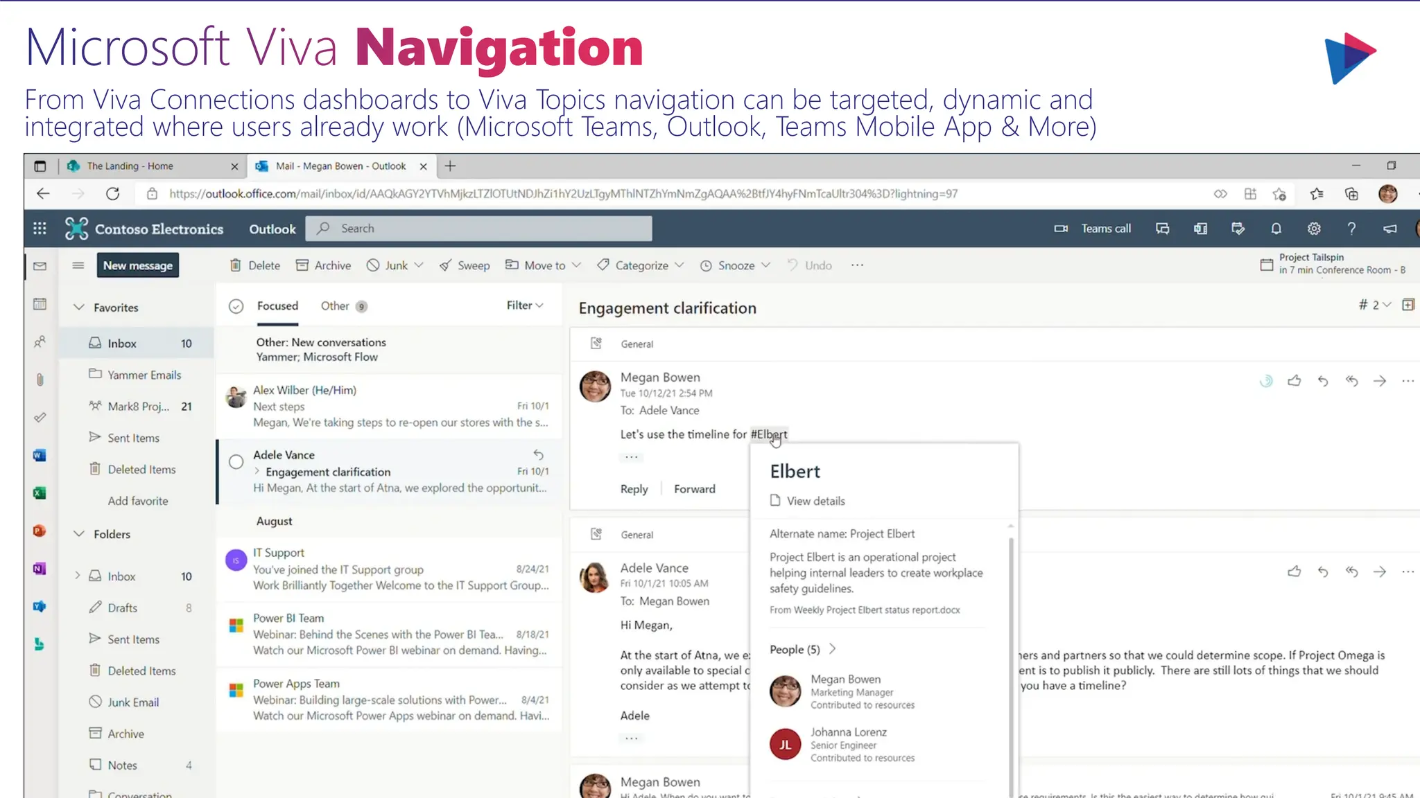 Microsoft Viva Navigation
From Viva Connections dashboards to Viva Topics navigation can be targeted, dynamic and
integrated where users already work (Microsoft Teams, Outlook, Teams Mobile App & More)
 