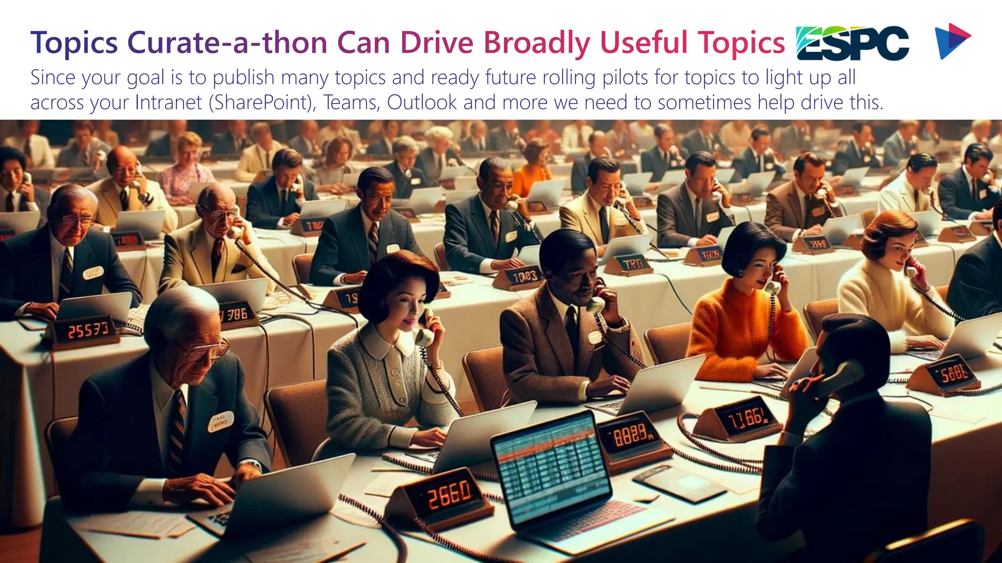 Since your goal is to publish many topics and ready future rolling pilots for topics to light up all
across your Intranet (SharePoint), Teams, Outlook and more we need to sometimes help drive this.
Topics Curate-a-thon Can Drive Broadly Useful Topics
 