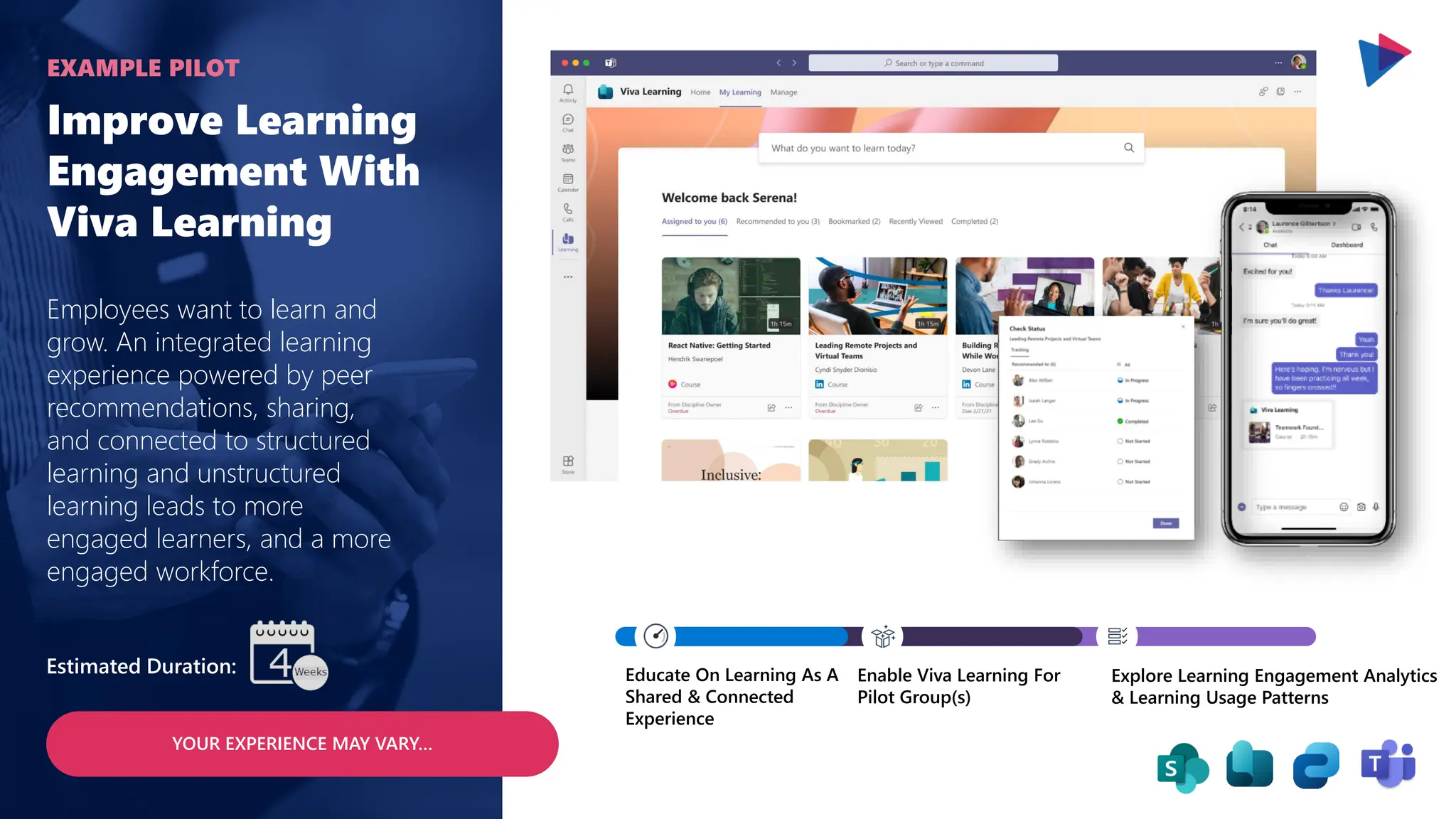 Improve Learning
Engagement With
Viva Learning
Employees want to learn and
grow. An integrated learning
experience powered by peer
recommendations, sharing,
and connected to structured
learning and unstructured
learning leads to more
engaged learners, and a more
engaged workforce.
EXAMPLE PILOT
Estimated Duration: Educate On Learning As A
Shared & Connected
Experience
Enable Viva Learning For
Pilot Group(s)
Explore Learning Engagement Analytics
& Learning Usage Patterns
YOUR EXPERIENCE MAY VARY…
 