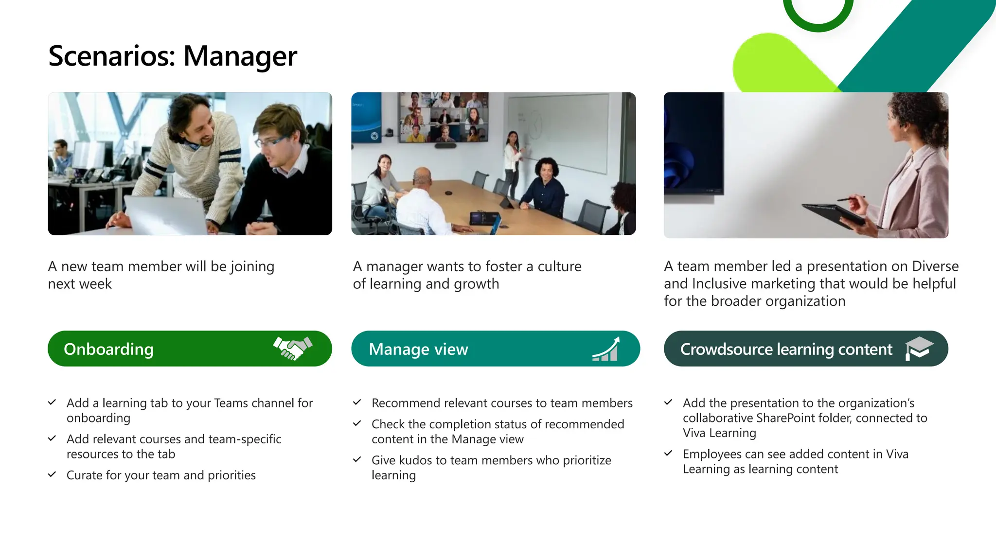 Scenarios: Manager
A new team member will be joining
next week
A manager wants to foster a culture
of learning and growth
A team member led a presentation on Diverse
and Inclusive marketing that would be helpful
for the broader organization
Onboarding
Add a learning tab to your Teams channel for
onboarding
Add relevant courses and team-specific
resources to the tab
Curate for your team and priorities
Manage view
Recommend relevant courses to team members
Check the completion status of recommended
content in the Manage view
Give kudos to team members who prioritize
learning
Crowdsource learning content
Add the presentation to the organization’s
collaborative SharePoint folder, connected to
Viva Learning
Employees can see added content in Viva
Learning as learning content
 