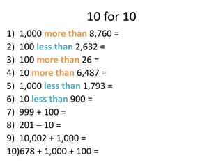 10 for 10
1) 1,000 more than 8,760 =
2) 100 less than 2,632 =
3) 100 more than 26 =
4) 10 more than 6,487 =
5) 1,000 less than 1,793 =
6) 10 less than 900 =
7) 999 + 100 =
8) 201 – 10 =
9) 10,002 + 1,000 =
10)678 + 1,000 + 100 =
 