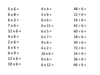 5 x 6 =
6 x 8 =
6 x 3 =
7 x 6 =
11 x 6 =
4 x 6 =
2 x 6 =
6 x 6 =
6 x 9 =
12 x 6 =
10 x 6 =
6 x 4 =
3 x 6 =
6 x 6 =
6 x 11 =
6 x 5 =
6 x 7 =
9 x 6 =
6 x 2 =
10 x 6 =
8 x 6 =
6 x 12 =
48 ÷ 6 =
12 ÷ 6 =
54 ÷ 6 =
42 ÷ 6 =
60 ÷ 6 =
18 ÷ 6 =
30 ÷ 6 =
72 ÷ 6 =
24 ÷ 6 =
36 ÷ 6 =
66 ÷ 6 =
 