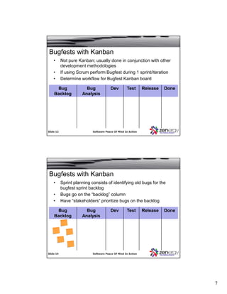 7
SlideSlide 1313 Software Peace Of Mind In ActionSoftware Peace Of Mind In Action
Bugfests with Kanban
• Not pure Kanban; usually done in conjunction with other
development methodologies
• If using Scrum perform Bugfest during 1 sprint/iteration
• Determine workflow for Bugfest Kanban board
Bug
Backlog
Bug
Analysis
Dev Test Release Done
SlideSlide 1414 Software Peace Of Mind In ActionSoftware Peace Of Mind In Action
Bugfests with Kanban
• Sprint planning consists of identifying old bugs for the
bugfest sprint backlog
• Bugs go on the “backlog” column
• Have “stakeholders” prioritize bugs on the backlog
Bug
Backlog
Bug
Analysis
Dev Test Release Done
 