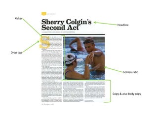 Drop cap
Kicker
Headline
Golden ratio
Copy & also Body copy
 