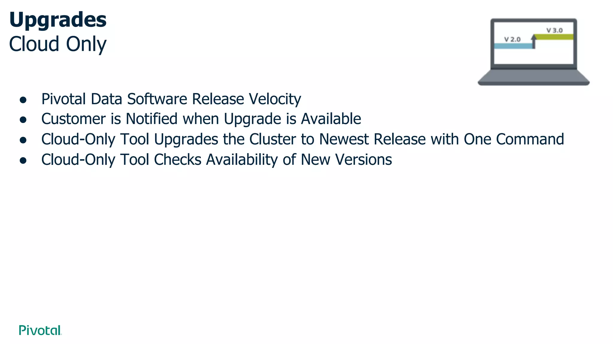 Upgrades
Cloud Only
● Pivotal Data Software Release Velocity
● Customer is Notified when Upgrade is Available
● Cloud-Only Tool Upgrades the Cluster to Newest Release with One Command
● Cloud-Only Tool Checks Availability of New Versions
 